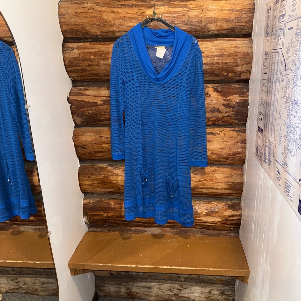 💙Dolcezza Blue Cowl Neck Knit Fishnet Sweater Dress